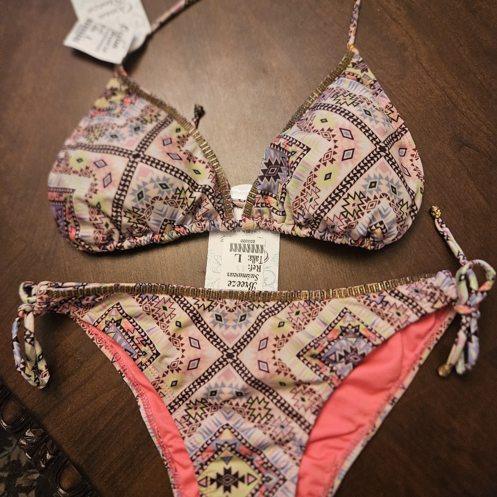 Ocean Breeze Geometric Print Triangle Bikini Set in Coral & Pastels Large Nwts
